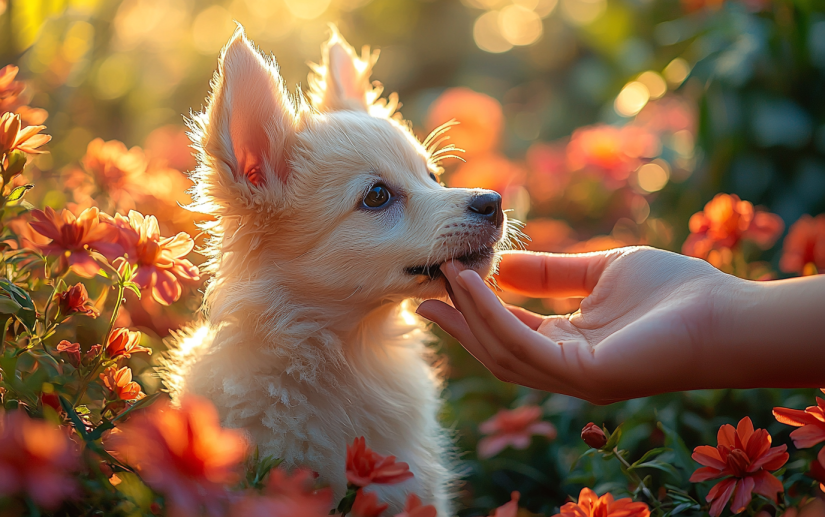 a dog gently nipping on its owner's hand