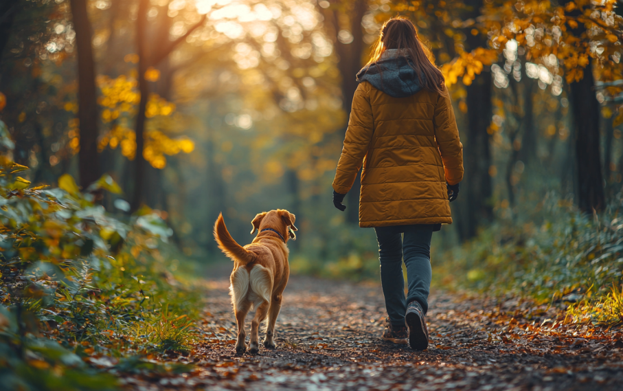 owner taking his dog on a walk