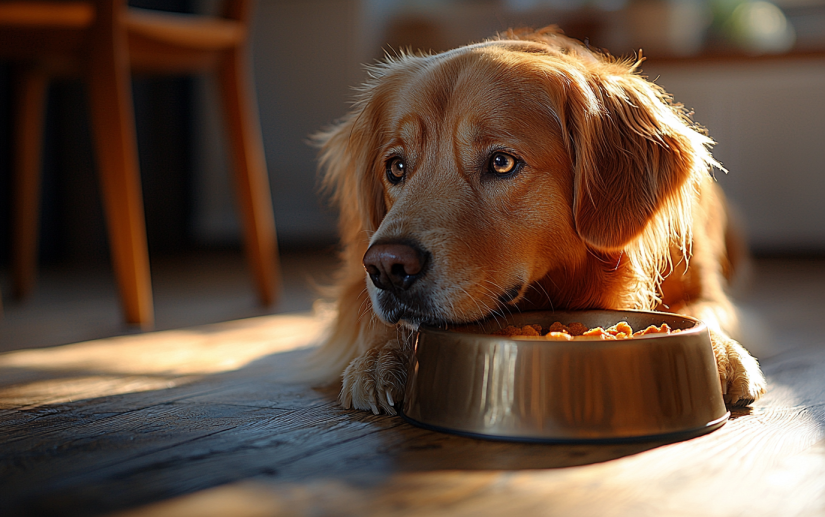 A dog guarding its food