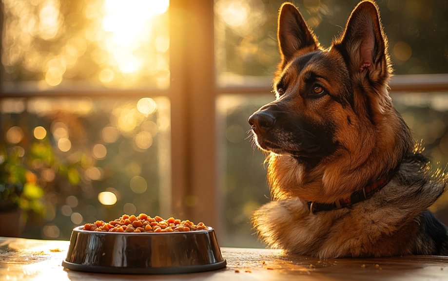 A dog attentively guarding its food