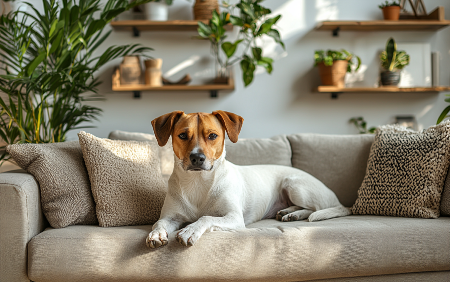 A healthy dog sitting on a couch