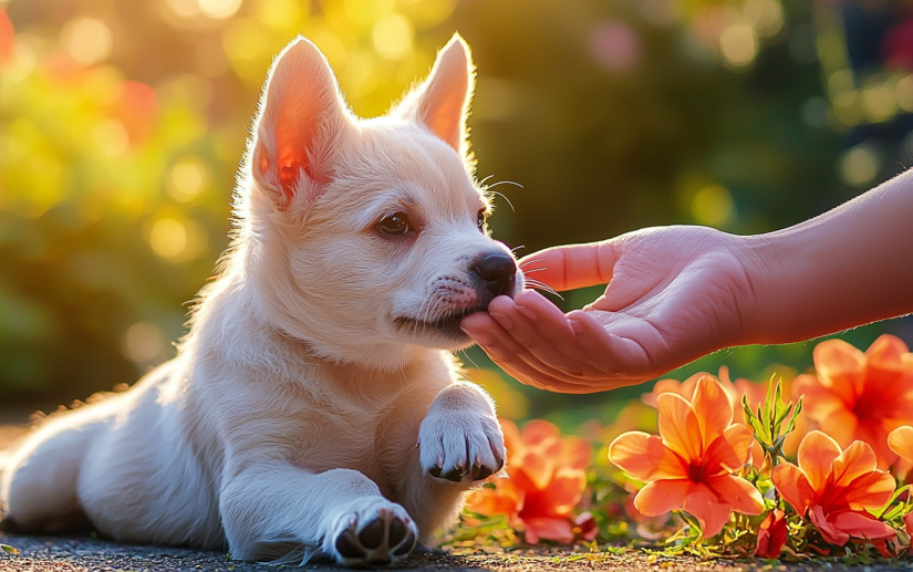 a puppy nipping on its owner's hand